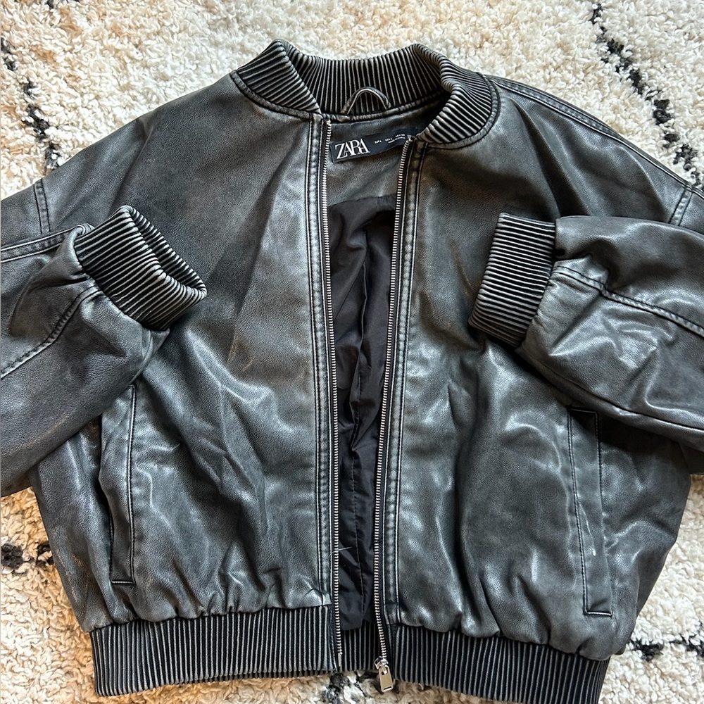 Zara Black Faux Leather Bomber with Ribbed Trim